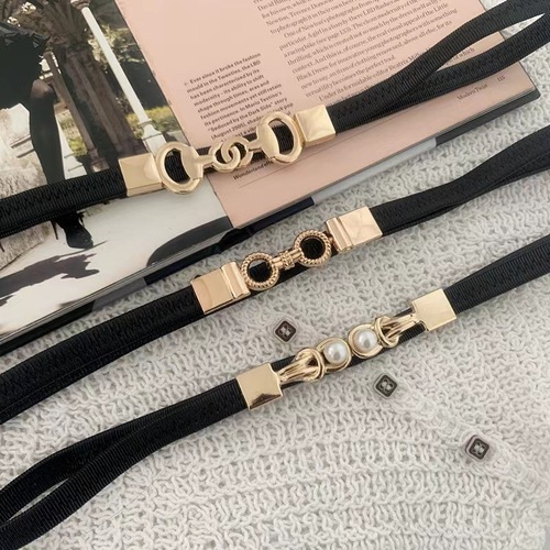 Black elastic small belt thin elastic decorative dress shirt fashionable temperament pearl buckle belt for women
