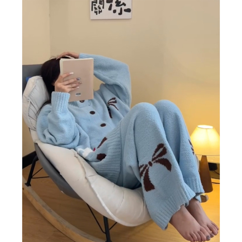 可爱甜美针织半边绒睡衣女秋冬新款大码保暖开衫长裤家居服可外穿|undefined