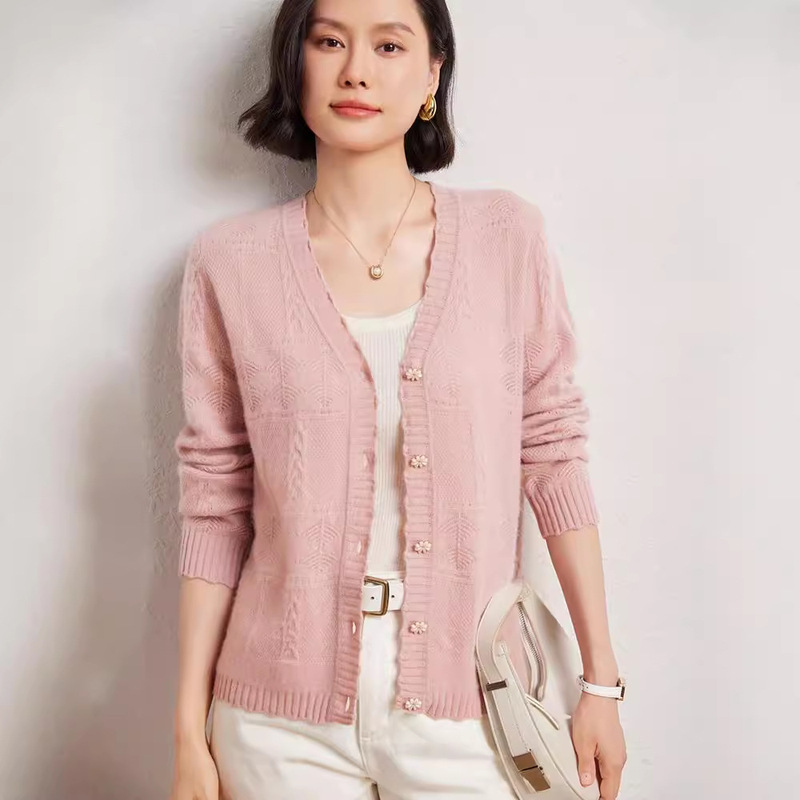 Autumn and Winter Women's Knitted Cardigan Coat Women's V-Neck Hollow Cashmere Cardigan Slimming Top Sweater Elegant Outer Wear Autumn and Winter Women's Knitted Cardigan Coat Women's V-Neck Hollow Cashmere Cardigan Slimming Top Sweater Elegant Outer Wear