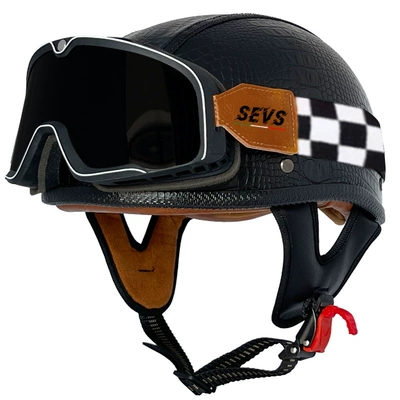 Motosiklet kaskı (dəbilqə) – retro helmet men's and women's - black-crocodile-leather-helmet-rice-frame-goggles-m