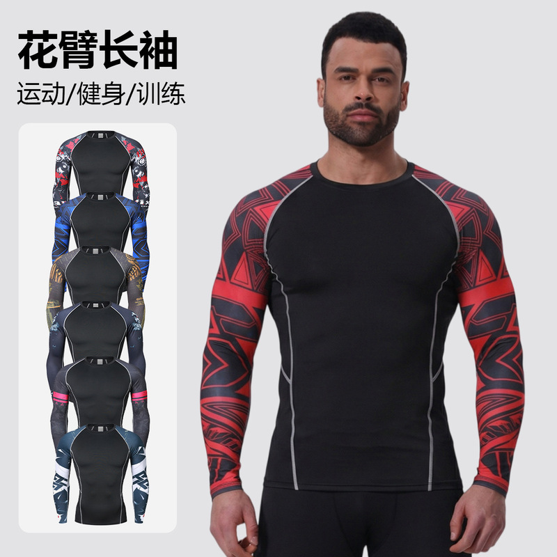 Outdoor Cycling Clothing Running Basketball Training Sportswear Fitness Clothing Top Flower Arm Long-Sleeved High-Elastic Tight-Fitting Quick-Drying Clothing