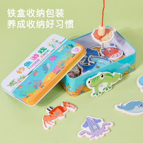 Wooden magnetic fishing toy—direct source supply for kids, an educational hands-on game with realistic design, packaged in a stylish iron box for babies.