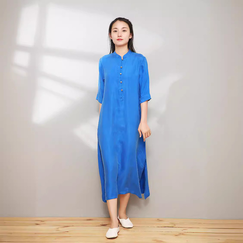 2021 summer women's copper ammonia long front buckle five-point sleeve dress temperament robe a generation of hair