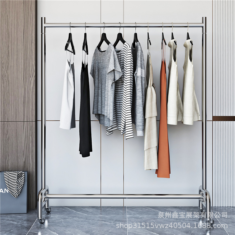 Clothing store stainless steel display rack double-layer floor-standing clothes rack movable display shelf with wheels clothes rack