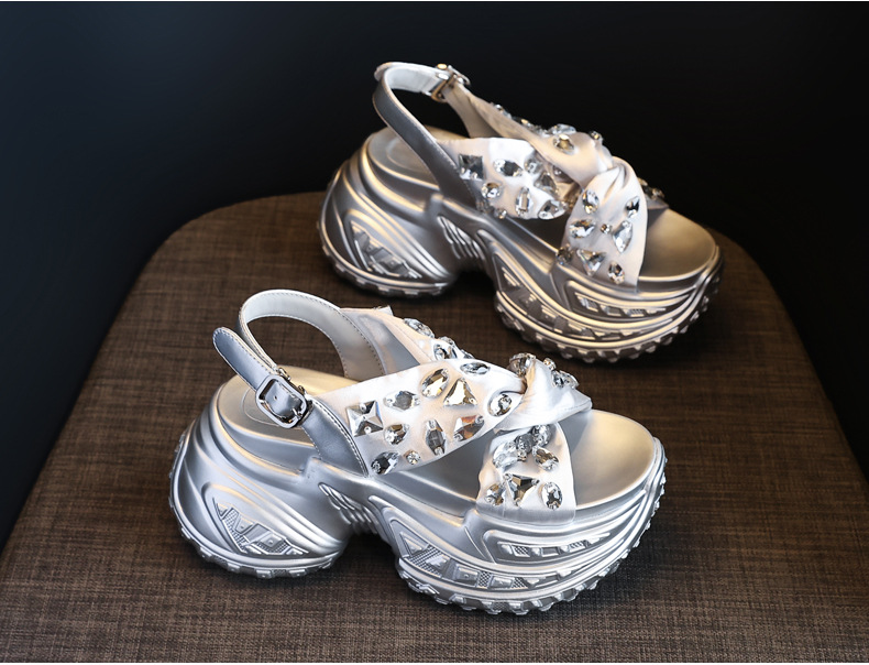 Sandal nữ đế dày tăng chiều cao đính đá phong cách La Mã — Màu đen, Màu bạc chi tiết 5