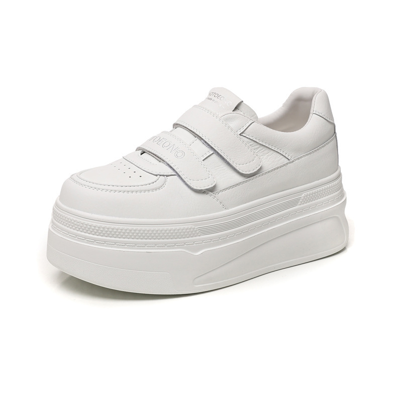 Giày sneaker nữ đế dày tăng chiều cao bên trong, dán thể thao, phong cách trắng đa năng — màu trắng