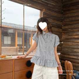 韩系彩色波点格纹衬衫女夏季新款学院风泡泡袖设计娃娃衫衬衣