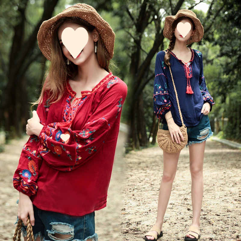 2020新款圆领套头棉麻绣花衬衫 系带刺绣蝴蝶结长袖上衣女