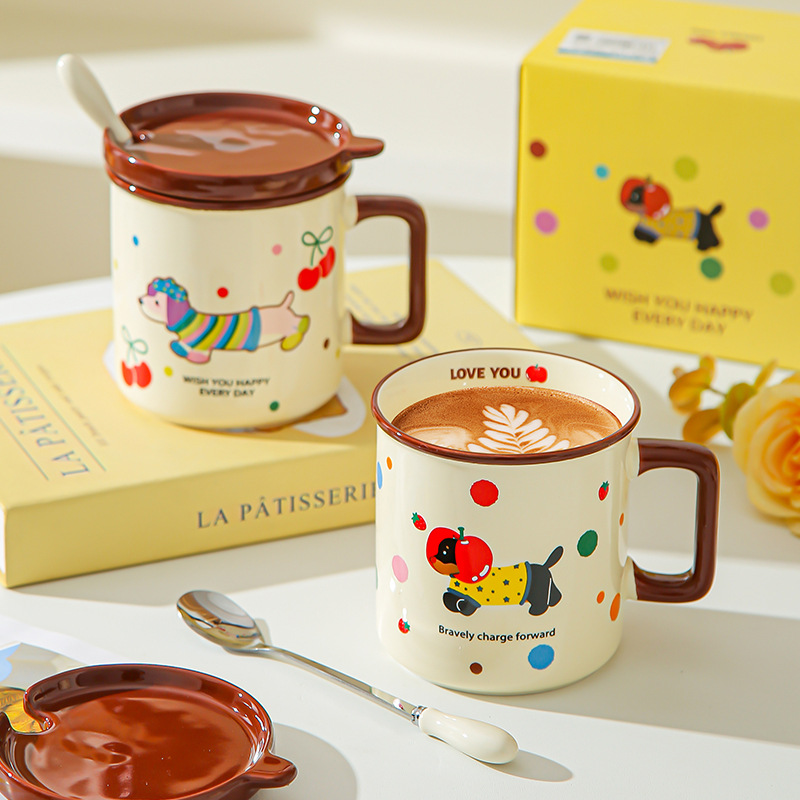 Cute cachorro de oficina taza de cerámica doméstica con cubierta cucharas de desayuno de estudiantes de niñas tazas de agua para beber tazas de café pareja