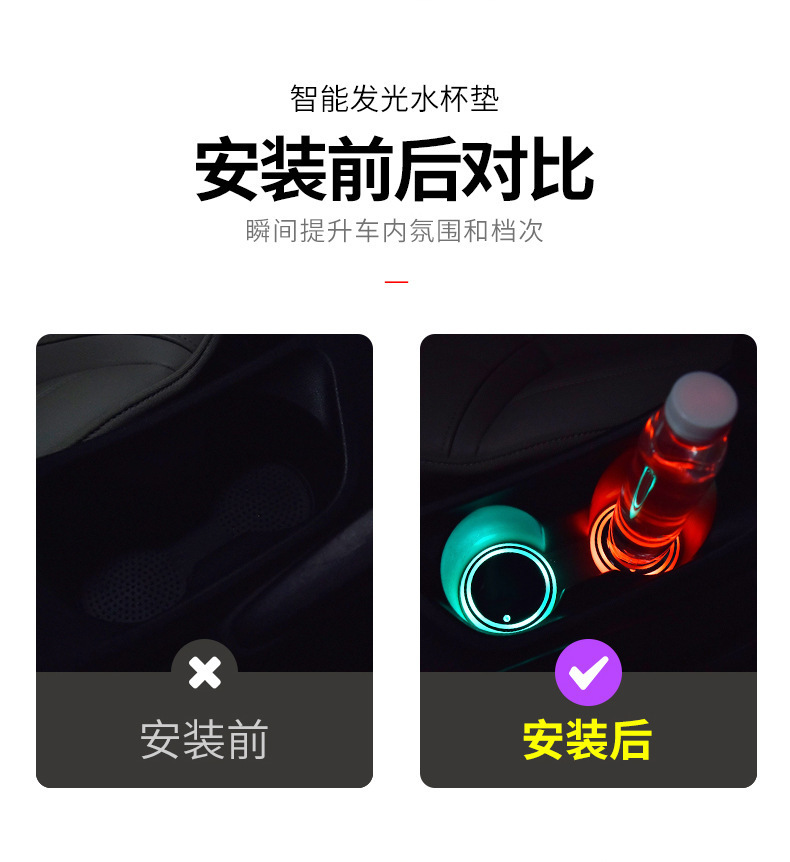 Car Luminous Colorful Led Water Cup Mat Interior Anti-Slip Mat Night Light Car-Mounted Automatic Sensing Decorative Ambient Light