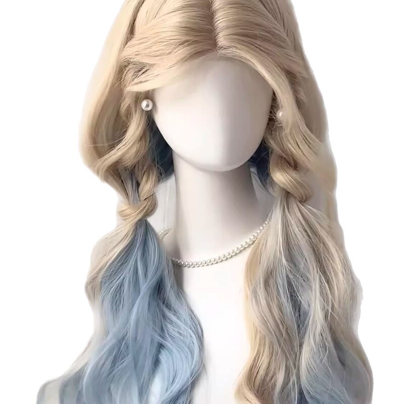 フェイクヘア女性チーズシーソルトプラチナグラデーションブルーリアルなナチュラルフルヘッドバンドスタイルビッグウェーブロングカーリーウィッグセット|undefined