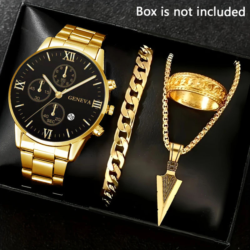 Men's Gift Watch 4-Piece Set High-End Large Dial Men's Business Watch Sports Luminous Calendar Quartz Watch