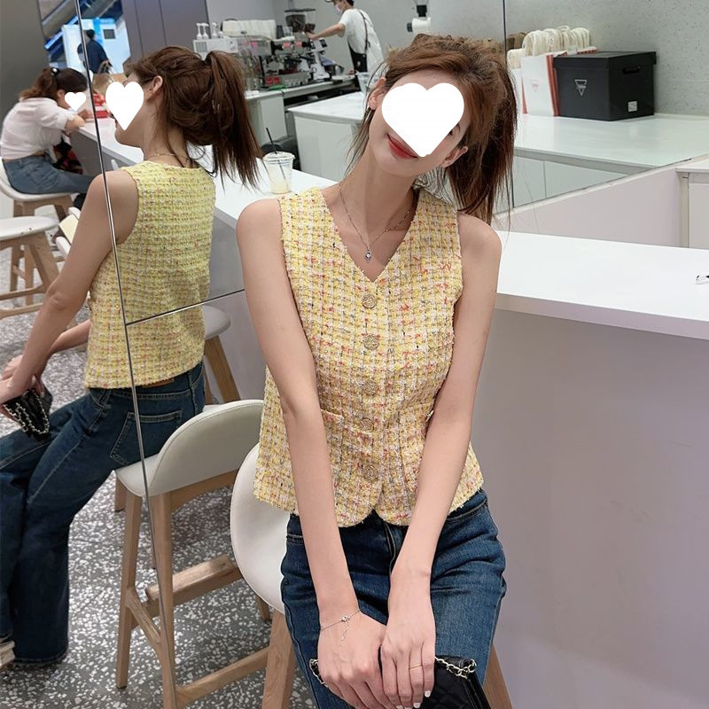 Fashionable Short Slim Fit Small Fragrant Style V Neck Thin Vest 2025 Summer New Yellow Vest for Women