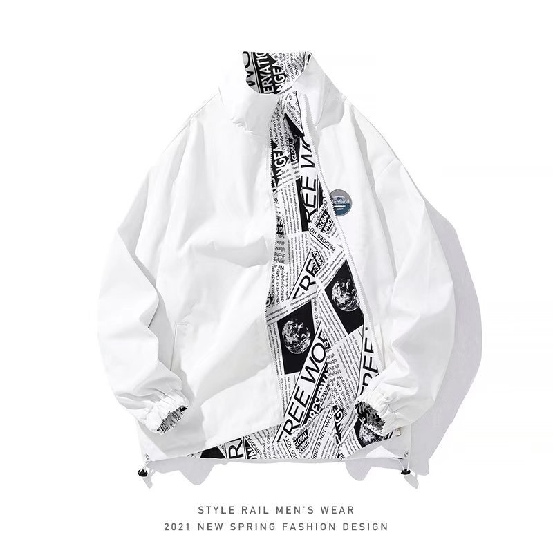 Periódico retro Proteus Boy, estampado completo, cuello alto suelto, chaqueta de doble cara, chaqueta, ropa de primavera y otoño para hombres y mujeres
