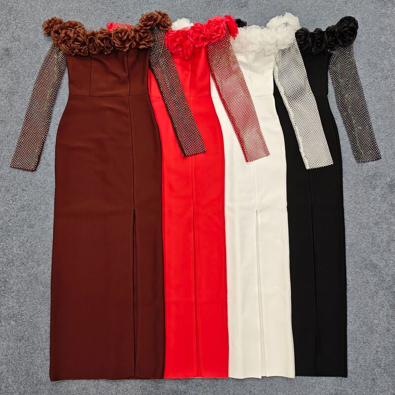 European and American Foreign Trade Women's Fashion Off-Shoulder Sexy Bodycon Christmas Bandage Dress Long Evening Gown with a High-End Feel