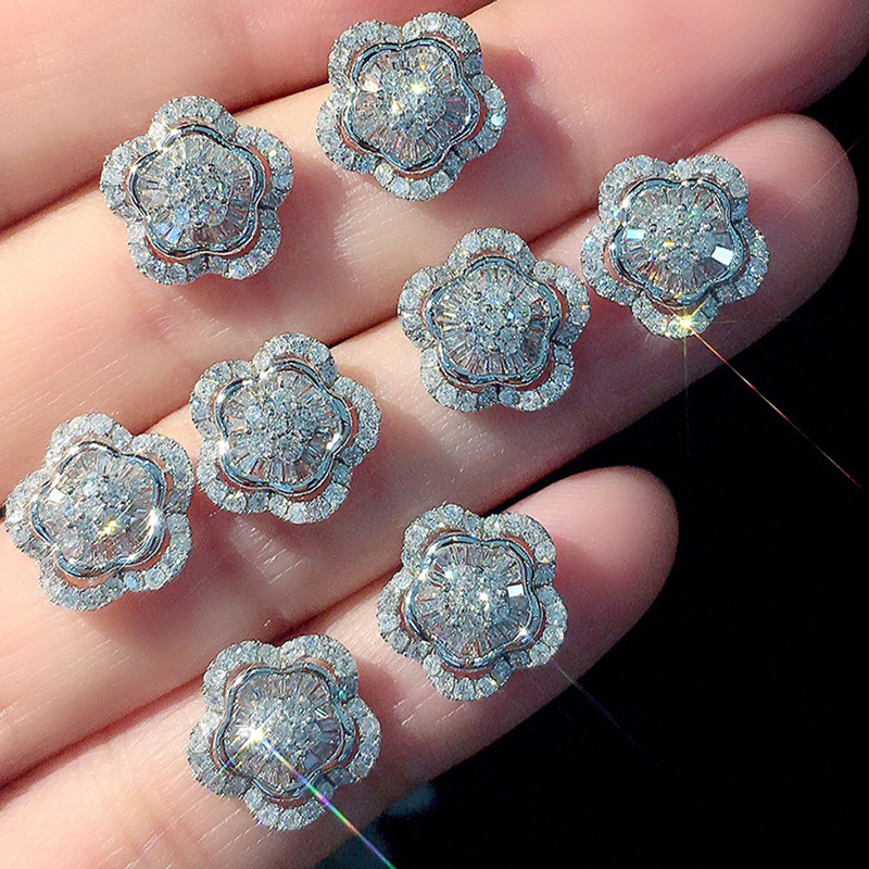 Zircon Inlay Material 1 Pair Sweet Shiny Flower Inlay Copper Zircon Ear Studs