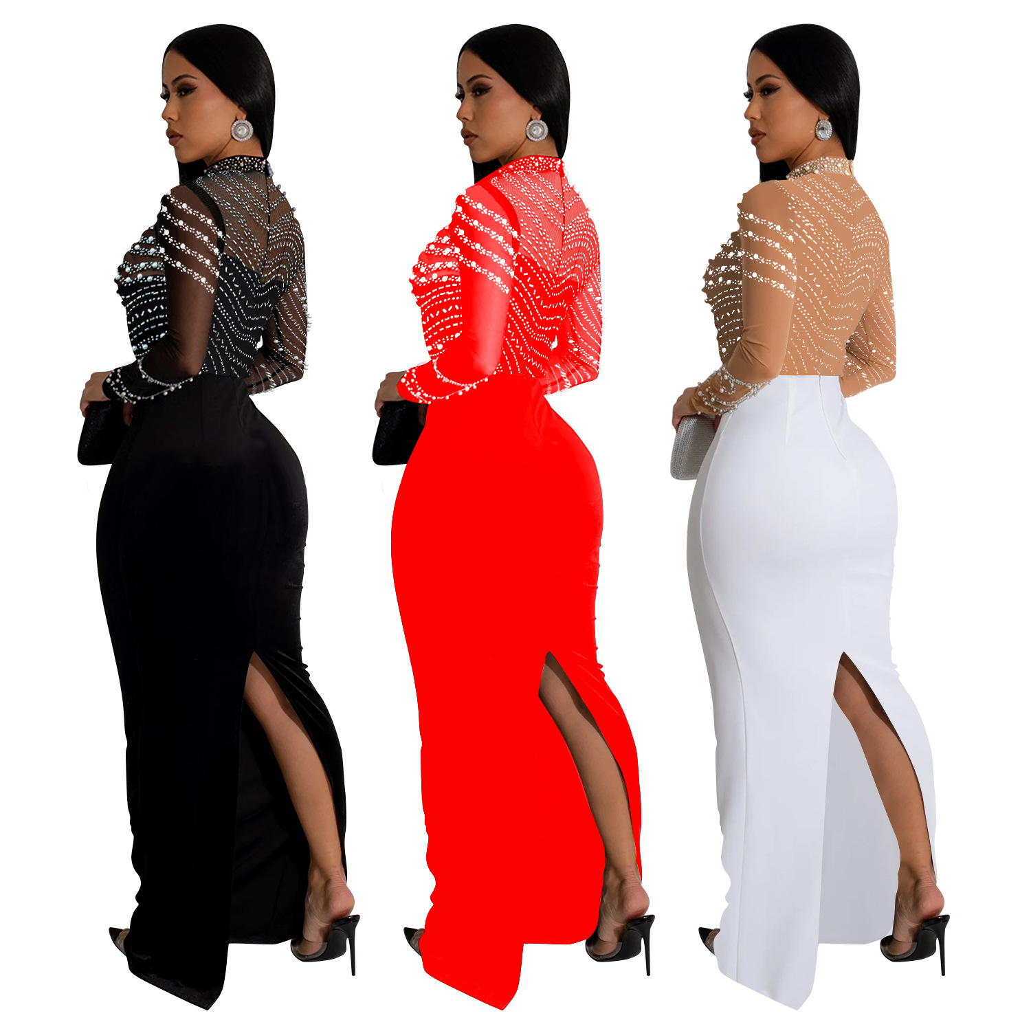 C7043 Aliexpress transfronterizo Amazon estación independiente de moda europea y americana ropa de mujer de color sólido vestido largo de diamante caliente nuevo