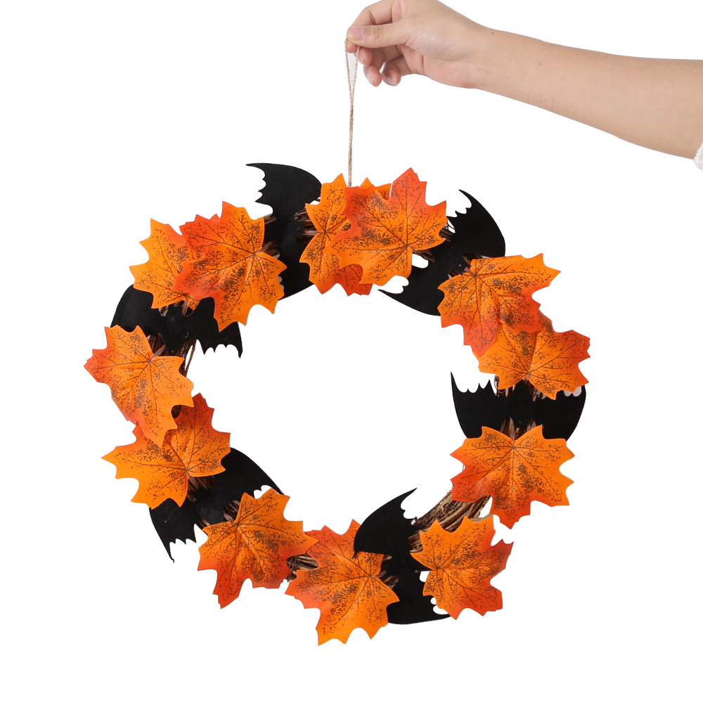 Nueva decoración de corona de hojas de arce para Halloween, adorno de anillo de guirnalda artificial, decoración de puerta con anillo de guirnalda de murciélagos para Halloween. image 6