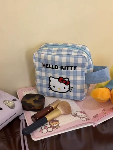 New Blue Checkered Kitty Makeup Bag, Large Capacity Instant Photo Storage, Portable Miscellaneous Bag for Girls, Square Bag