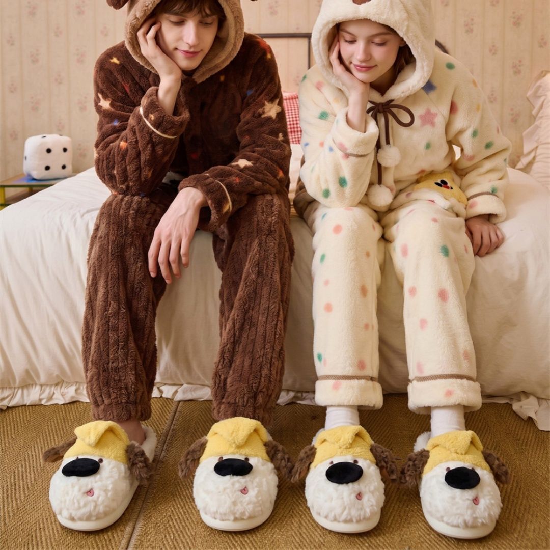 도파민 귀여운 강아지 겨울 털 슬리퍼 남녀공용 보온 미끄럼 방지 실내화