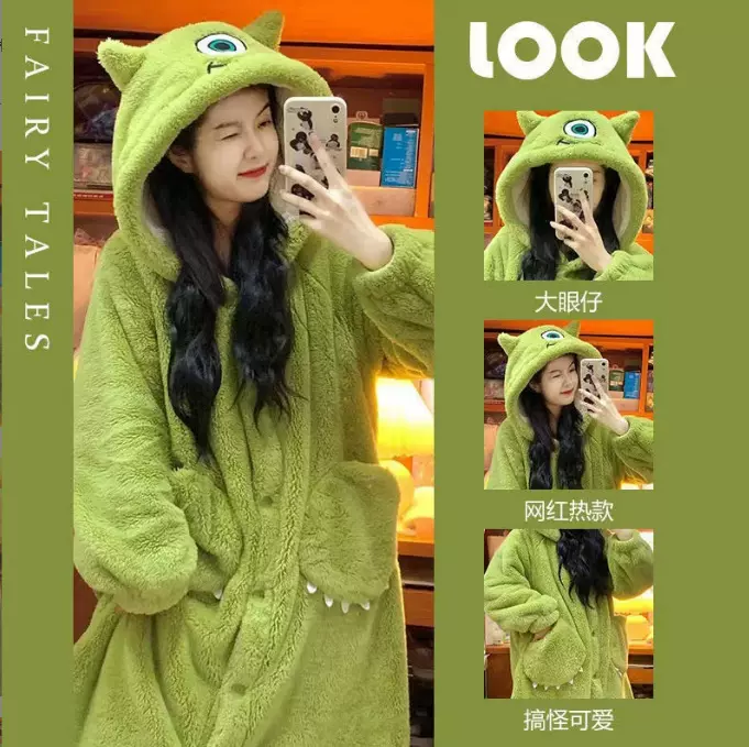 爆款可爱大眼仔单眼怪珊瑚绒睡衣女秋冬季加厚睡袍家居服