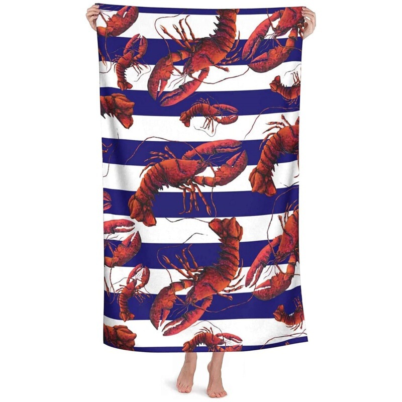 Striped Lobster Beach Towel Pool Quick Dry Beach Towel Blue White Striped Beach Towel for Camping Picnic Gym