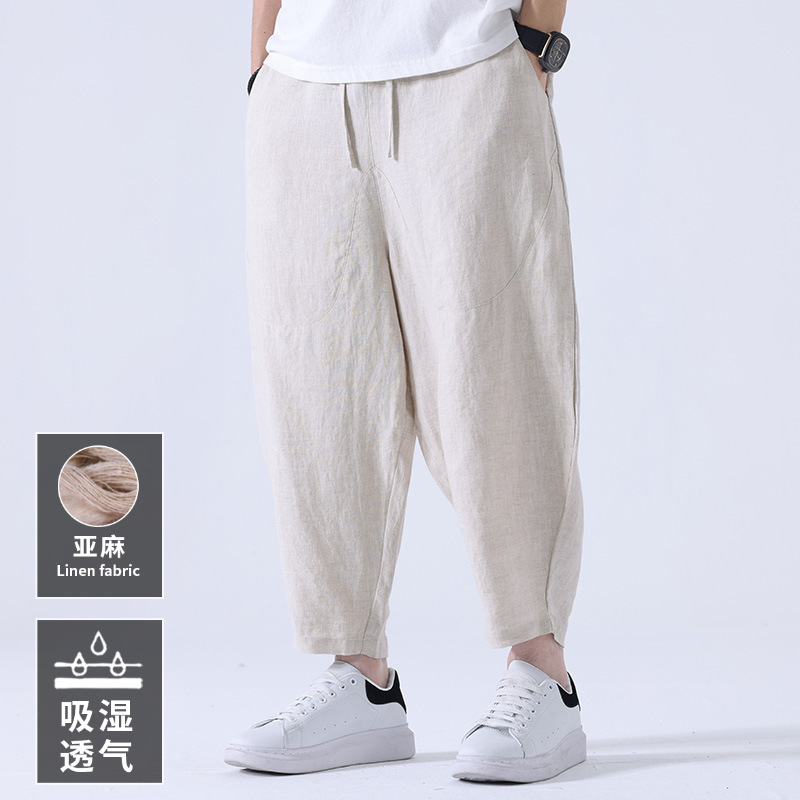 100 Linen Horn Bloomers Men's Elasily Tight Tether Summer Thin Chinese Style Cropped Pants Young and Middle-aged Pants