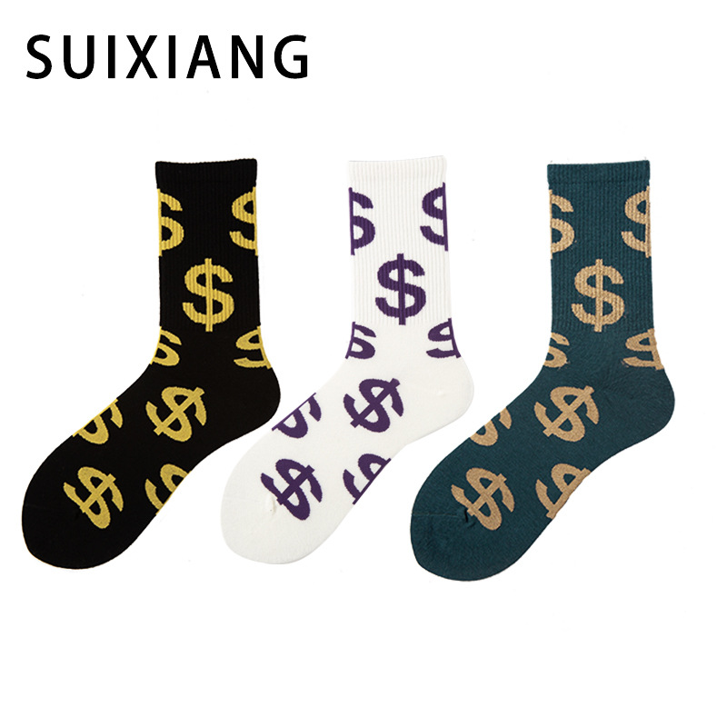 Mid-Calf Socks for Men and Women, Dollar-Themed, European and American Street Style Skateboard Socks, Hip-Hop, Trendy Internet Celebrity Socks, Wholesale from Manufacturer, Versatile Ins-Style