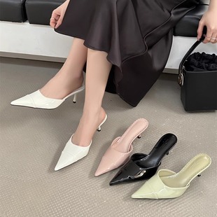 Nude Doors Will Last Forever! Nude Pointed Toe High Heels Women's Spring Shallow Mouth Back Hollow Patent Leather Mules
