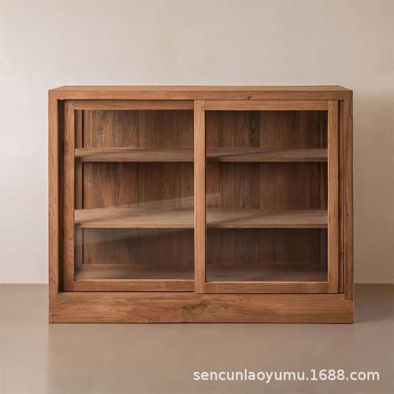 Wabi-Sabi Style Pure Solid Wood Sideboard Old Elm Furniture Transparent Glass Multi-Layer Storage Cabinet Retro Sideboard
