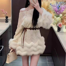 秋冬新款时尚韩系温柔风气质毛绒绒连衣裙女修身显瘦上衣潮+腰带