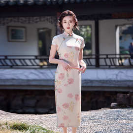 夏季新款缎面改良旗袍女士连衣裙长款日常年轻款复古新中式旗袍