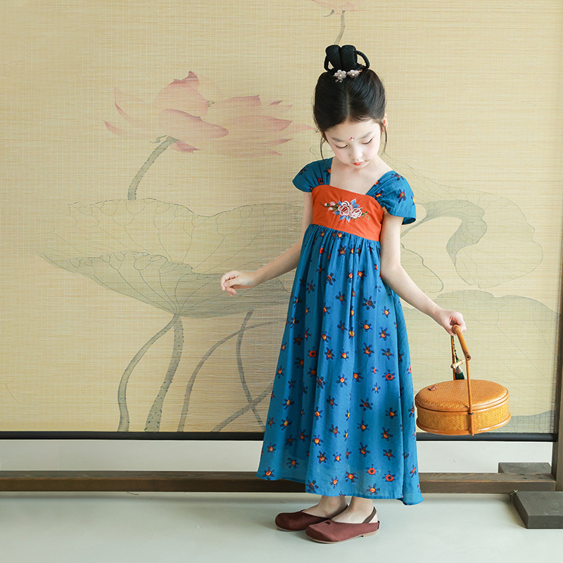 女の子唐風刺繍サスペンダースカート 2025 夏の新子供の漢服ノースリーブドレスミッドレングスチャイナドレス|undefined