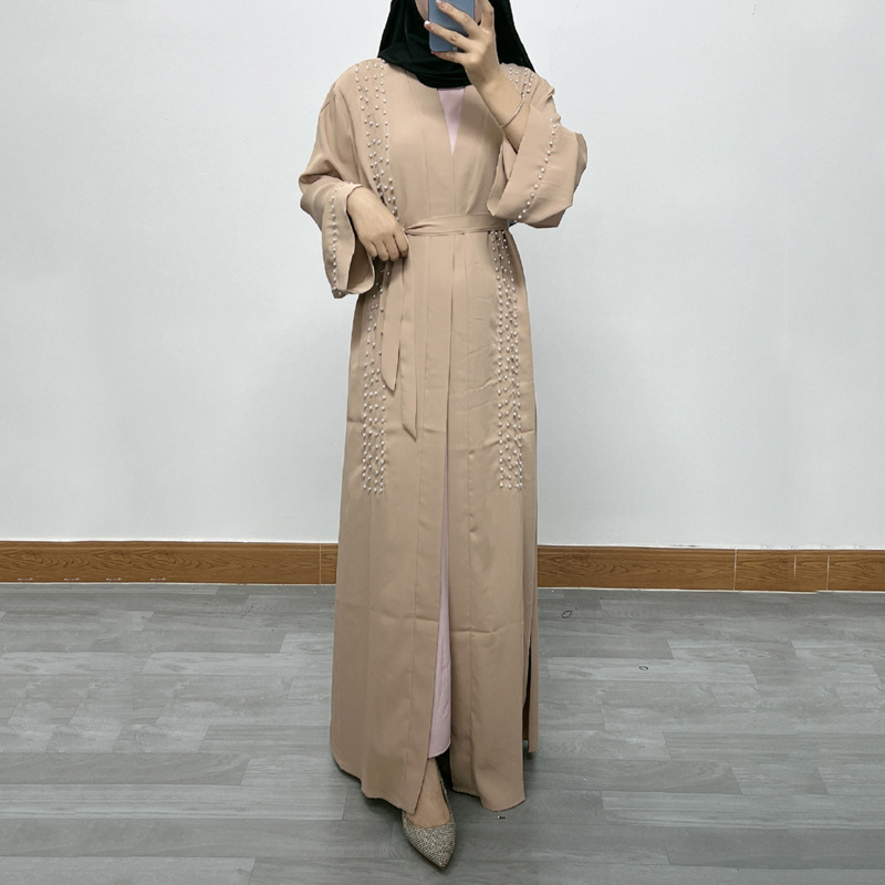 F326 Cross-Border Foreign Trade Middle Eastern Women's Long Dress, Dubai Pearl Embellished Elegant Cardigan Robe,_ecoleips.com