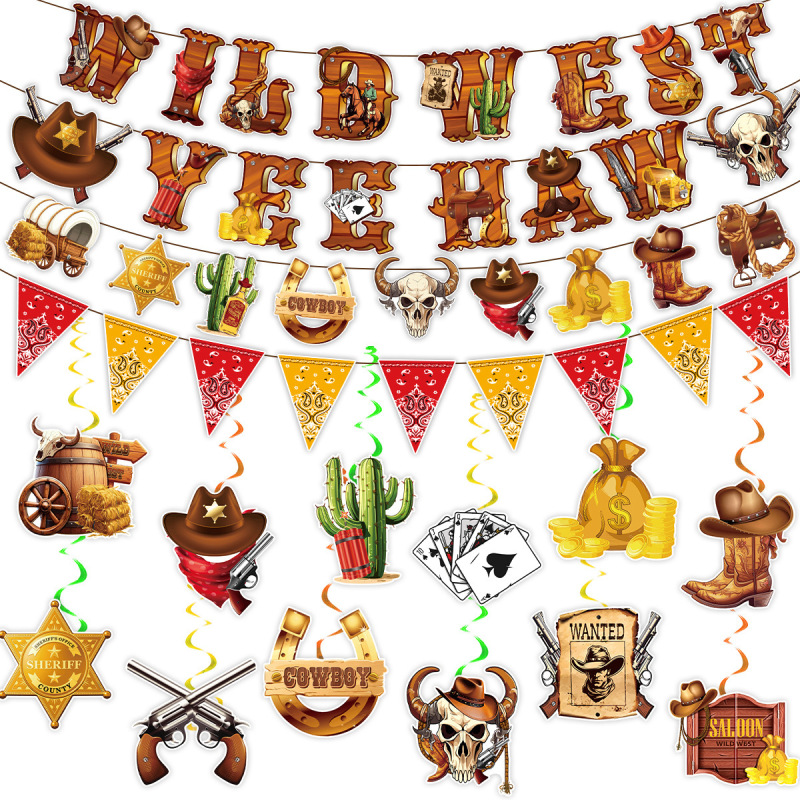 New Western Cowboy Theme Birthday Party Decoration Cowboy Flag Banner Spiral Pendant Hanging Card Arrangement New Western Cowboy Theme Birthday Party Decoration Cowboy Flag Banner Spiral Pendant Hanging Card Arrangement