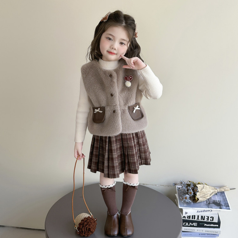 女童秋装套装2025新款儿童秋冬款裙子皮马甲三件套宝宝时髦衣服|undefined