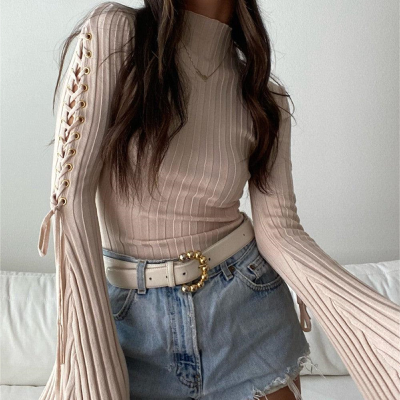 solid color turtleneck cross straps long-sleeved jumpsuit NSBJD138020