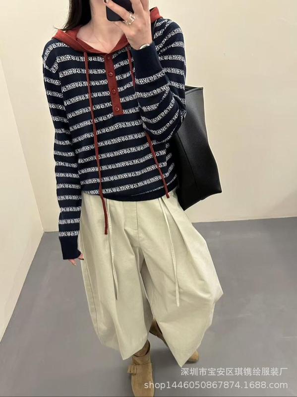琪镌绘制条纹连帽打底衫女秋季款宽松时尚显瘦减龄休闲毛衣98199|undefined