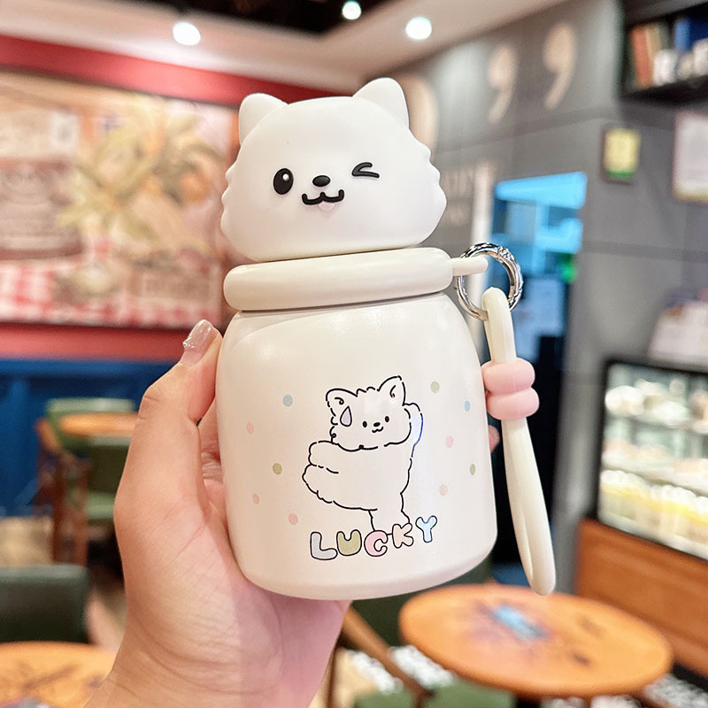 동물 캐릭터 미니 보온병 300ml 휴대용 스트랩 빨대 물병
