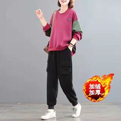 含棉秋冬新款加绒2025韩版宽松大码遮肉两件套拼色休闲运动女套装
