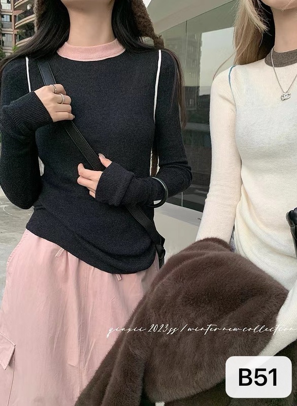 复古撞色拼接内搭针织衫女装早秋设计感修身薄款正肩上衣|undefined