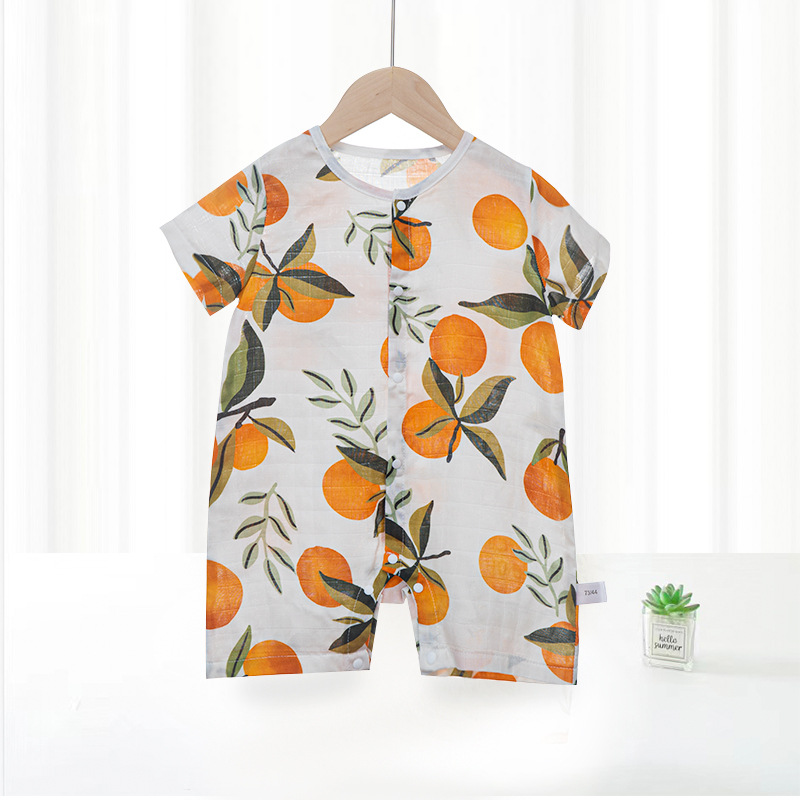 Ropa fresca de verano para bebé, mono de manga corta de gasa de algodón de bambú antibacteriano tipo A, fino.