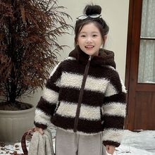 女童条纹外套2025新款冬季连帽棉衣中大童韩版加厚保暖加棉毛毛衣