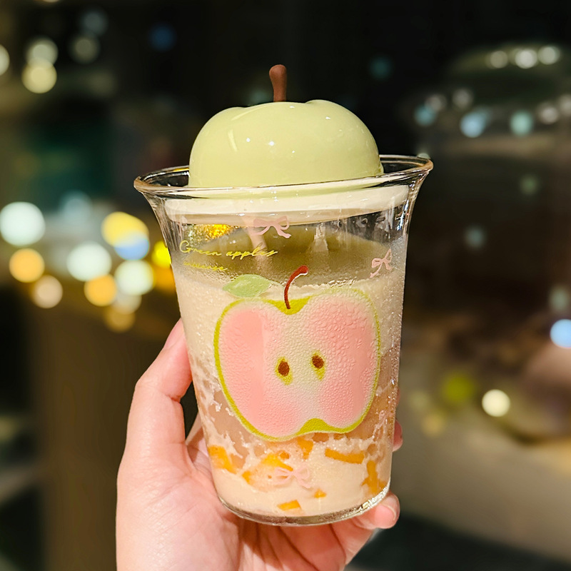 卡通苹果高硼硅玻璃杯带盖可爱家用水果吸管杯耐高温马克杯伴手礼|undefined