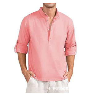 A large number of spot 2022 foreign trade Men's linen long sleeve T-shirt loose undershirt solid color long sleeve cotton and linen shirt men