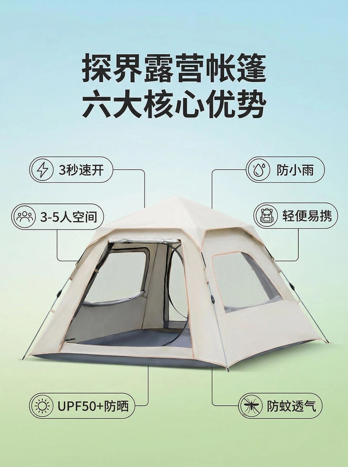 Custom-made outdoor camping tent for 3-5 people, featuring a fully automatic, one-second setup, sun protection, rain protection, and a double-layered, four-corner design