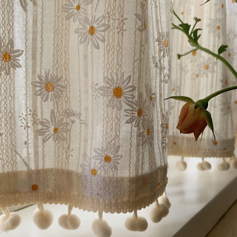 No-Punch Magic Tape Door Curtain Korean Pastoral French Daisy Floral Cotton Linen Curtain Half Curtain