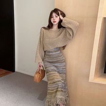 温柔慵懒风网眼罩衫短外套秋季高级感吊带流苏长裙连衣裙开衫套装