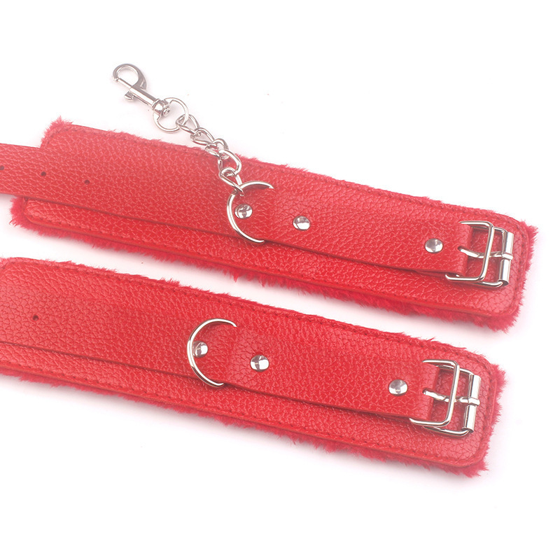 Plush Leather Handcuffs, Soft Adult Restraint Cuffs, Red Bondage Accessory — detail image 3