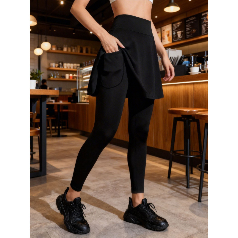 Women's faux two-piece skirt-pants with pockets, high-waisted sports yoga pants, running fitness skirt-pants, high-waisted tennis skirt-pants